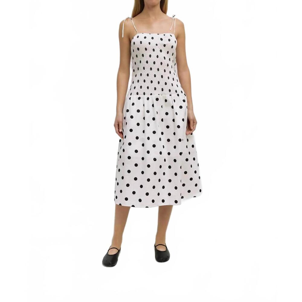 NEW ALL : ROW the natalie smocked polka dot midi dress in white/black